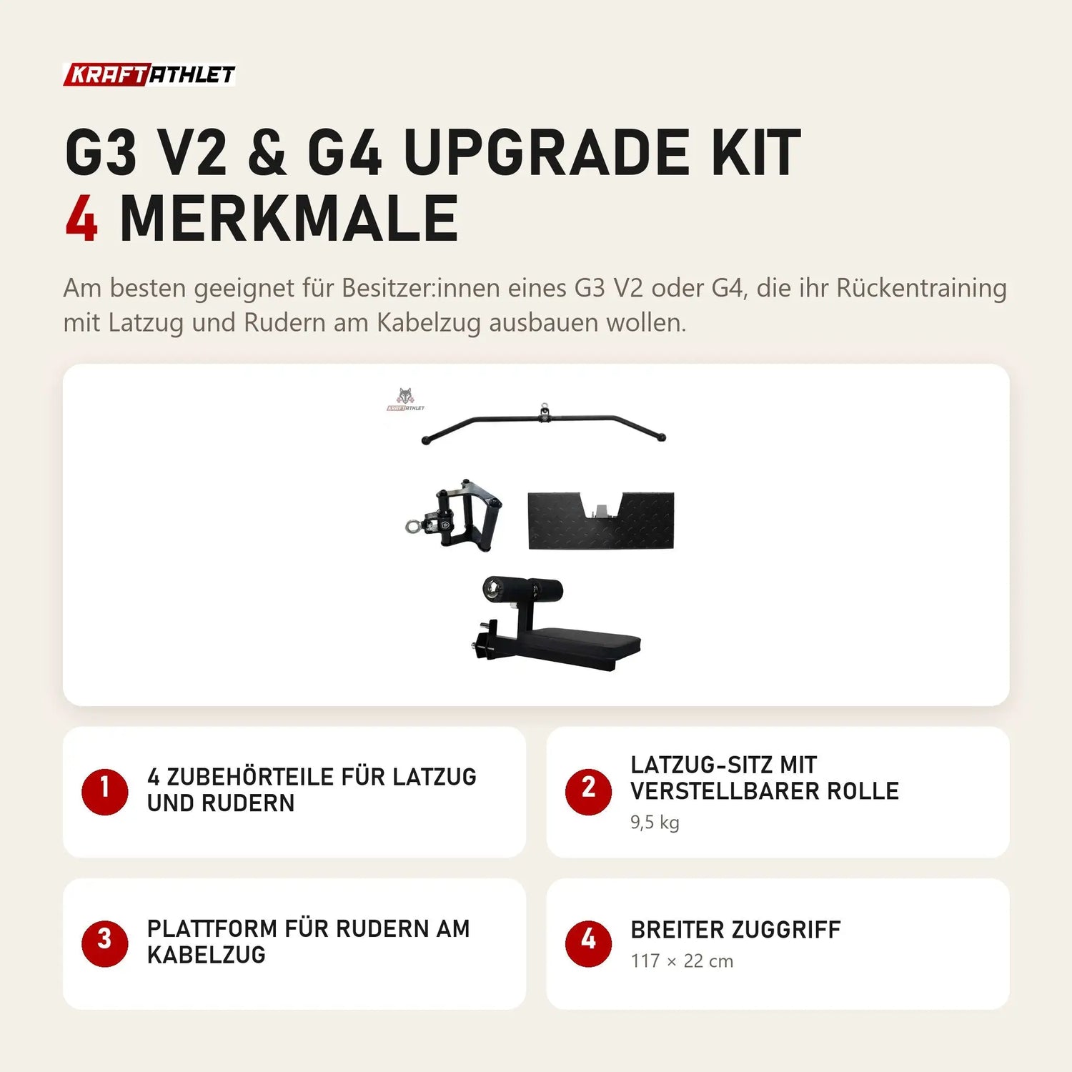 Force USA G3 V2 & G4 Upgrade Kit mit 4 Merkmalen: 4 Zubehörteile für Latzug und Rudern, Latzug-Sitz mit verstellbarer Rolle, Plattform für Rudern am Kabelzug, Breiter Zuggriff