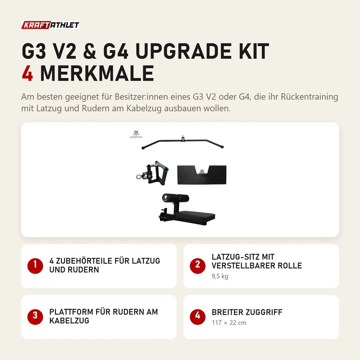 Force USA G3 V2 & G4 Upgrade Kit mit 4 Merkmalen: 4 Zubehörteile für Latzug und Rudern, Latzug-Sitz mit verstellbarer Rolle, Plattform für Rudern am Kabelzug, Breiter Zuggriff