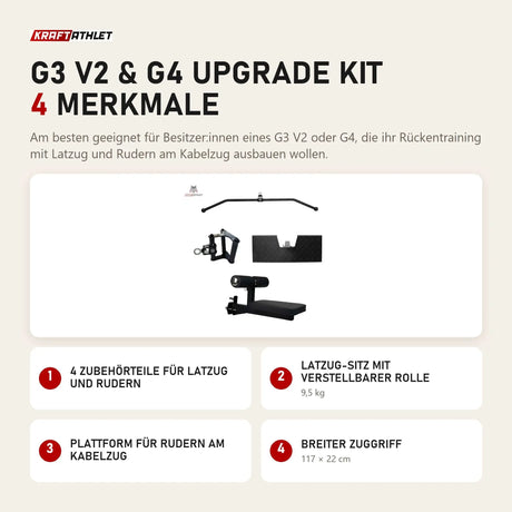 Force USA G3 V2 & G4 Upgrade Kit mit 4 Merkmalen: 4 Zubehörteile für Latzug und Rudern, Latzug-Sitz mit verstellbarer Rolle, Plattform für Rudern am Kabelzug, Breiter Zuggriff