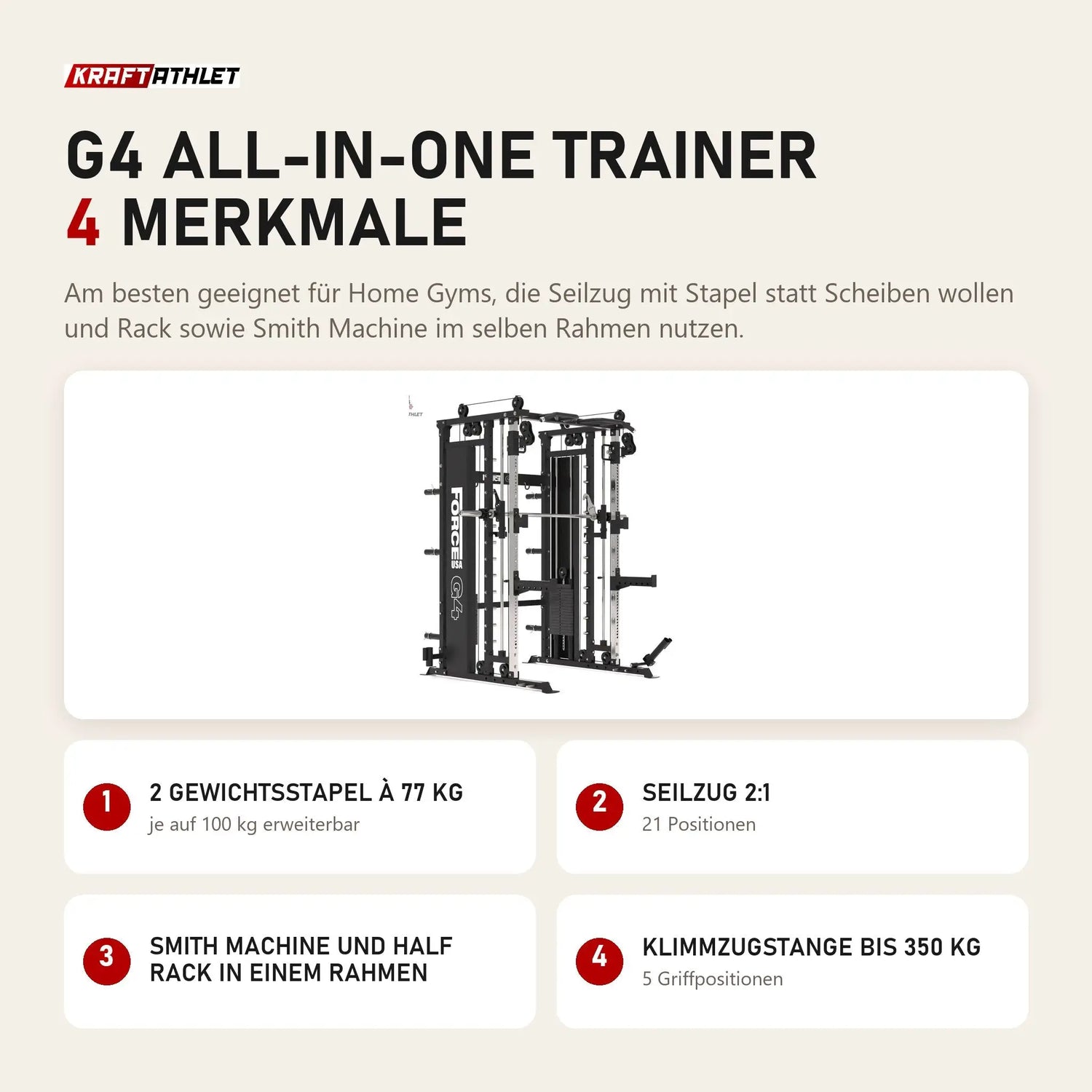 Force USA G4 All-In-One Trainer mit 4 Merkmalen: 2 Gewichtsstapel à 77 kg, Seilzug 2:1, Smith Machine und Half Rack in einem Rahmen, Klimmzugstange bis 350 kg