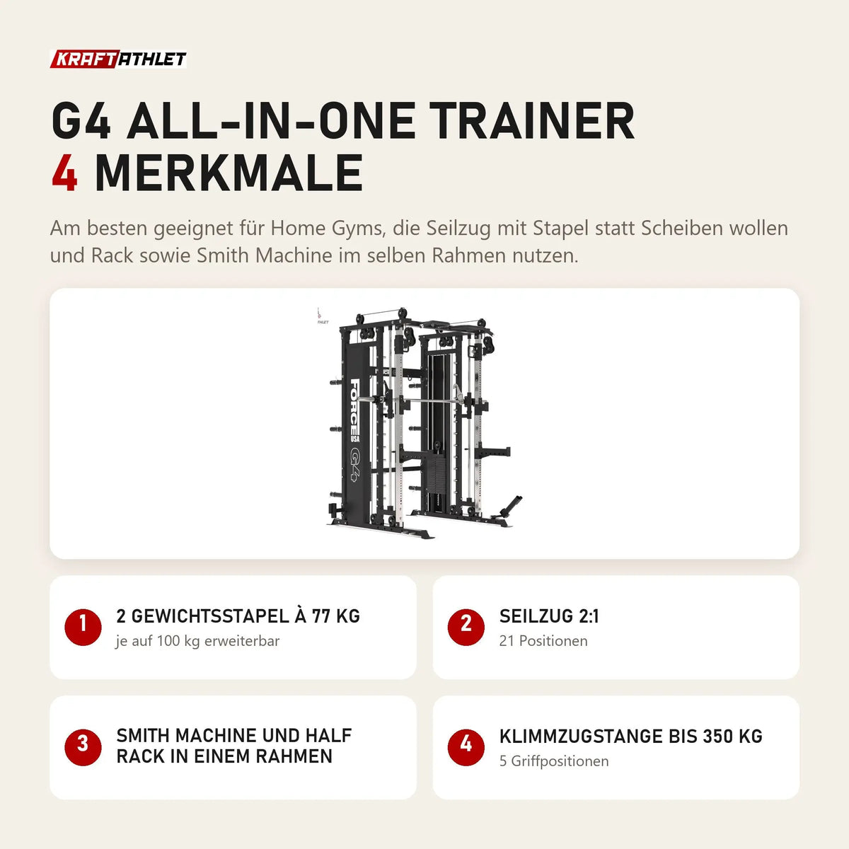 Force USA G4 All-In-One Trainer mit 4 Merkmalen: 2 Gewichtsstapel à 77 kg, Seilzug 2:1, Smith Machine und Half Rack in einem Rahmen, Klimmzugstange bis 350 kg