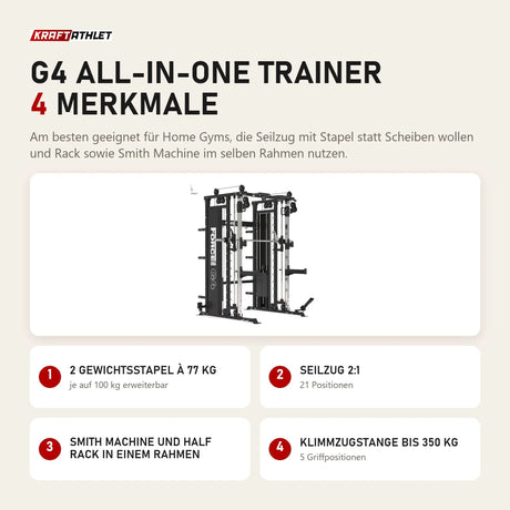 Force USA G4 All-In-One Trainer mit 4 Merkmalen: 2 Gewichtsstapel à 77 kg, Seilzug 2:1, Smith Machine und Half Rack in einem Rahmen, Klimmzugstange bis 350 kg