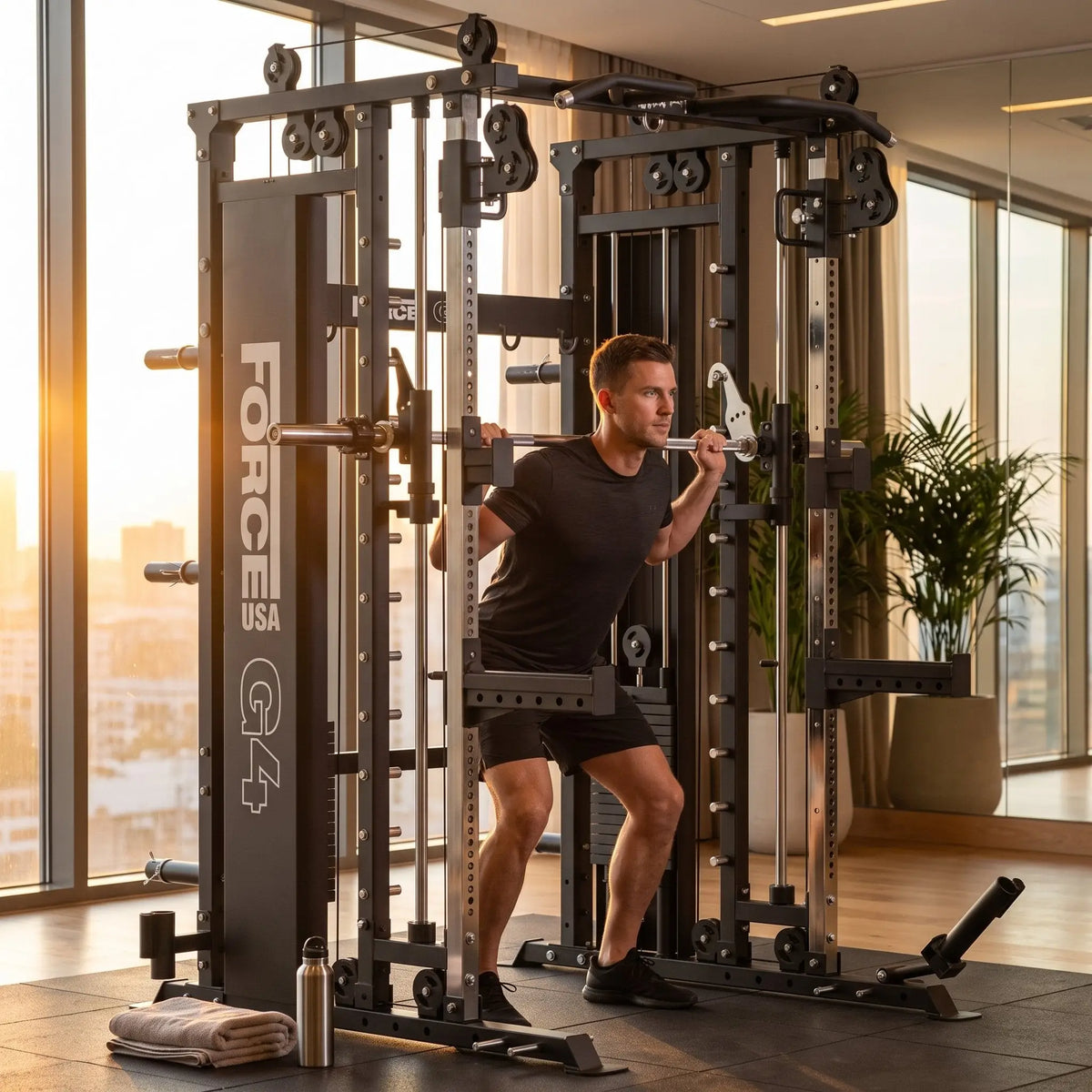 Force USA G4 All-In-One Trainer im Einsatz: Person trainiert morgens in einem hellen Hotel-Fitnessraum