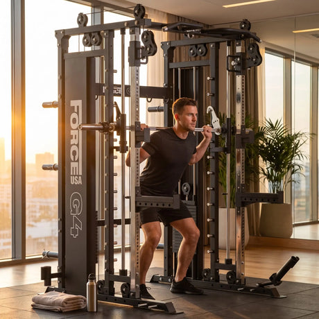 Force USA G4 All-In-One Trainer im Einsatz: Person trainiert morgens in einem hellen Hotel-Fitnessraum