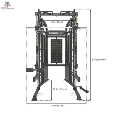 Force USA G6 All-In-One Trainer, Frontansicht mit eingezeichneten Maßangaben