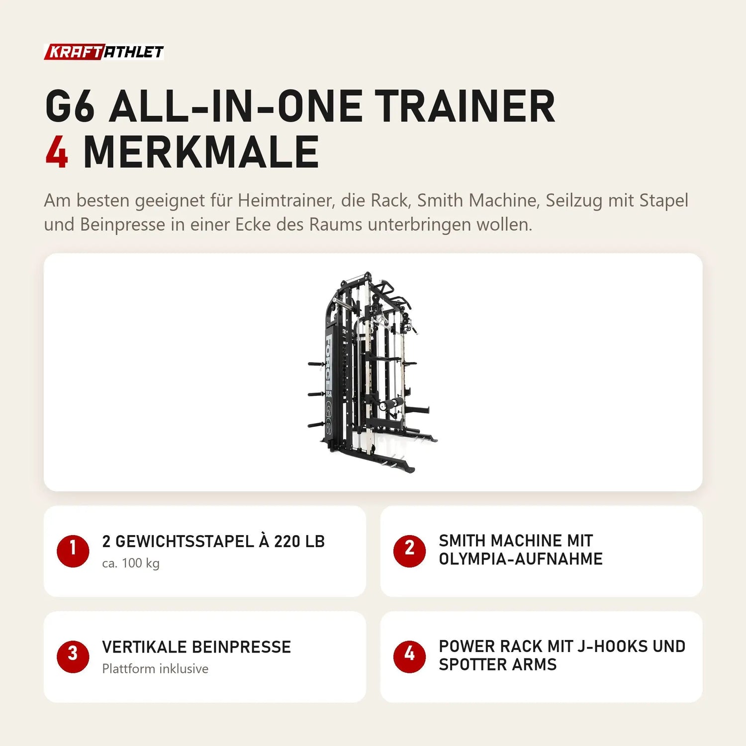 Force USA G6 All-In-One Trainer mit 4 Merkmalen: 2 Gewichtsstapel à 220 lb, Smith Machine mit Olympia-Aufnahme, Vertikale Beinpresse, Power Rack mit J-Hooks und Spotter Arms