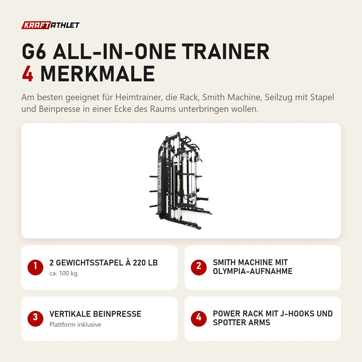 Force USA G6 All-In-One Trainer mit 4 Merkmalen: 2 Gewichtsstapel à 220 lb, Smith Machine mit Olympia-Aufnahme, Vertikale Beinpresse, Power Rack mit J-Hooks und Spotter Arms