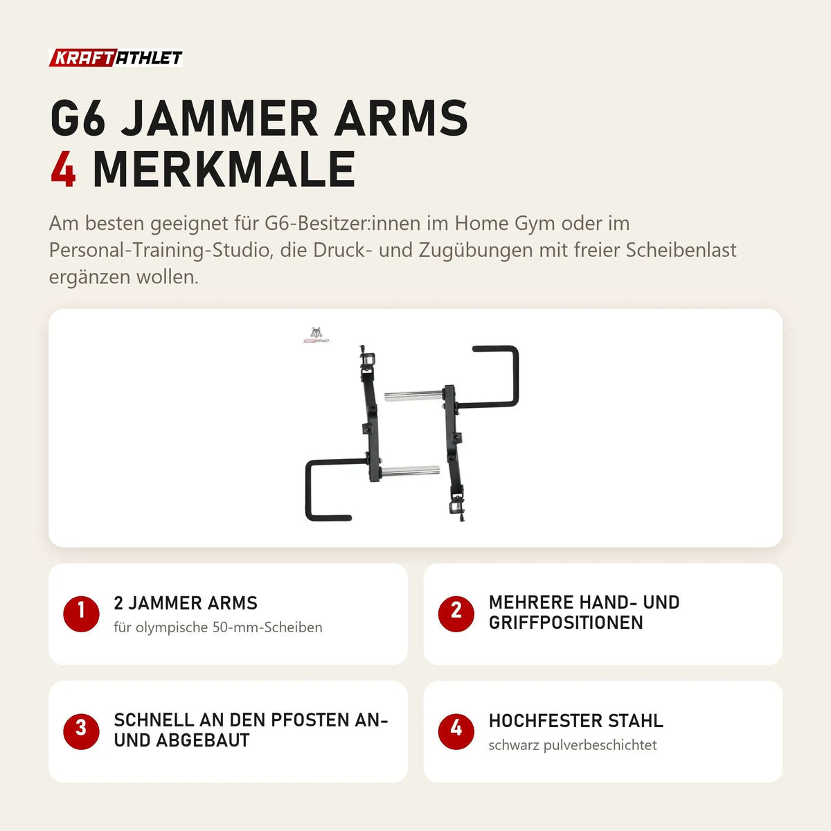 Force USA G6 Jammer Arms mit 4 Merkmalen: 2 Jammer Arms, Mehrere Hand- und Griffpositionen, Schnell an den Pfosten an- und abgebaut, Hochfester Stahl