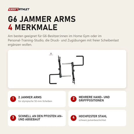 Force USA G6 Jammer Arms mit 4 Merkmalen: 2 Jammer Arms, Mehrere Hand- und Griffpositionen, Schnell an den Pfosten an- und abgebaut, Hochfester Stahl