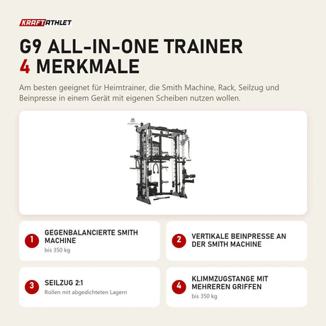 Force USA G9 All-In-One Trainer mit 4 Merkmalen: Gegenbalancierte Smith Machine, Vertikale Beinpresse an der Smith Machine, Seilzug 2:1, Klimmzugstange mit mehreren Griffen
