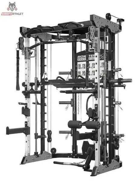 Force USA G9 All-In-One Trainer in Schwarz, Schrägansicht mit Beinpolster und Ablagen