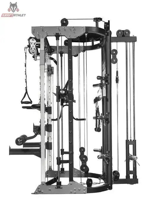 Force USA G9 All-In-One Trainer in Schwarz, Seitenansicht mit Zugrollen und Führungsstangen