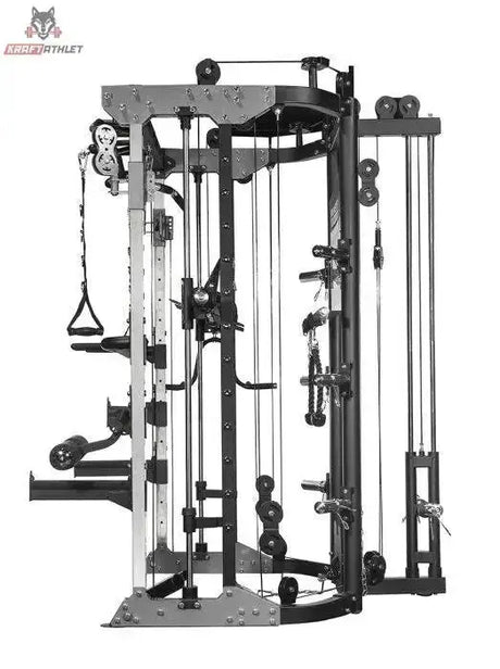 Force USA G9 All-In-One Trainer in Schwarz, Seitenansicht mit Zugrollen und Führungsstangen