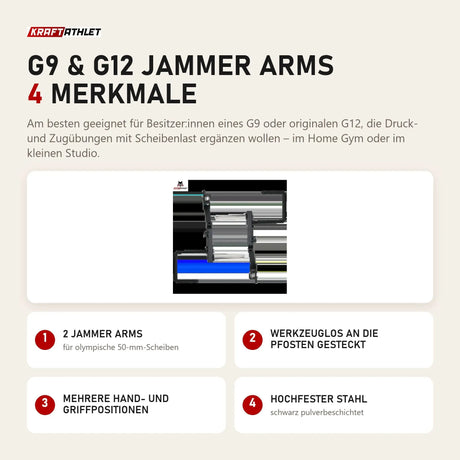 Force USA G9 & G12 Jammer Arms mit 4 Merkmalen: 2 Jammer Arms, Werkzeuglos an die Pfosten gesteckt, Mehrere Hand- und Griffpositionen, Hochfester Stahl