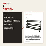 Frage und Antwort zu Force USA Hantelständer 3 Ebenen für Hexagon-Hanteln: Wie viele Hanteln passen auf den Ständer?