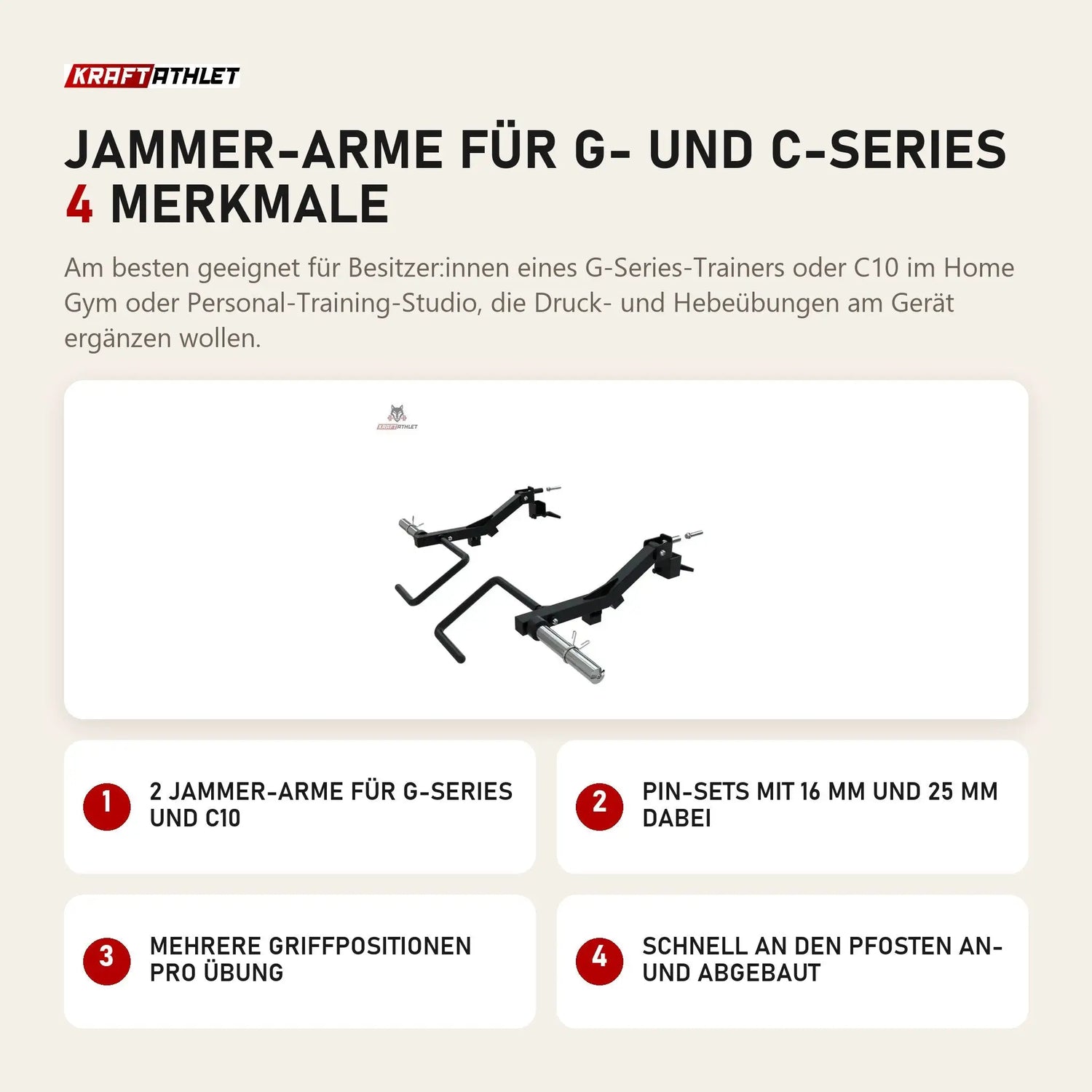 Force USA Jammer-Arme für G- und C-Series mit 4 Merkmalen: 2 Jammer-Arme für G-Series und C10, Pin-Sets mit 16 mm und 25 mm dabei, Mehrere Griffpositionen pro Übung, Schnell an den Pfosten an- und abgebaut