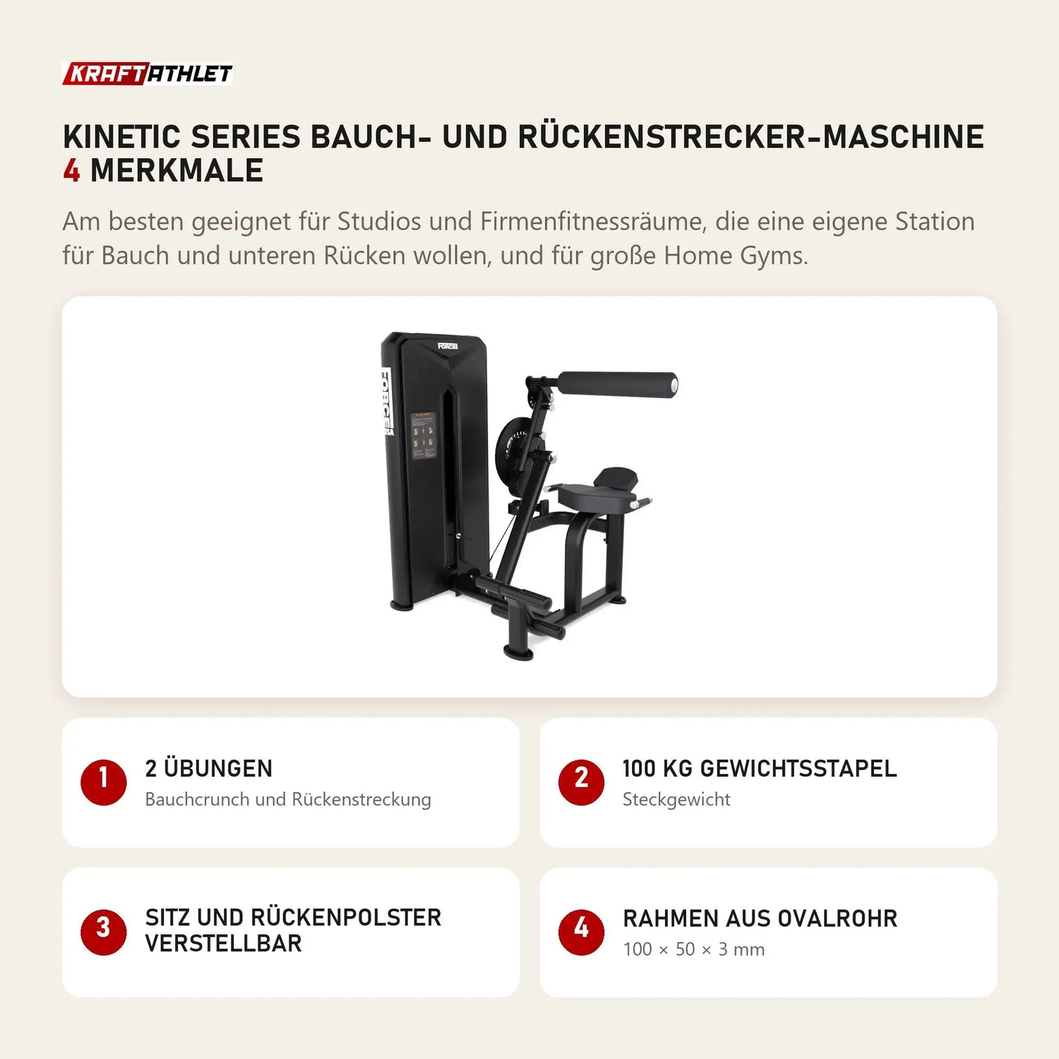 Force USA Kinetic Series Bauch- und Rückenstrecker-Maschine mit 4 Merkmalen: 2 Übungen, 100 kg Gewichtsstapel, Sitz und Rückenpolster verstellbar, Rahmen aus Ovalrohr