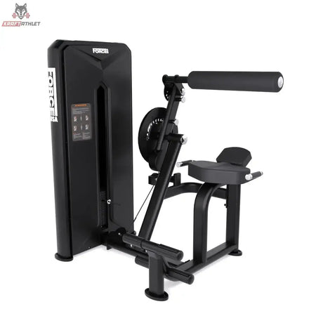 Force USA Kinetic Series Bauch- und Rückenstrecker-Maschine in Schrägansicht mit Sitz, Rückenrolle und Gewichtsturm