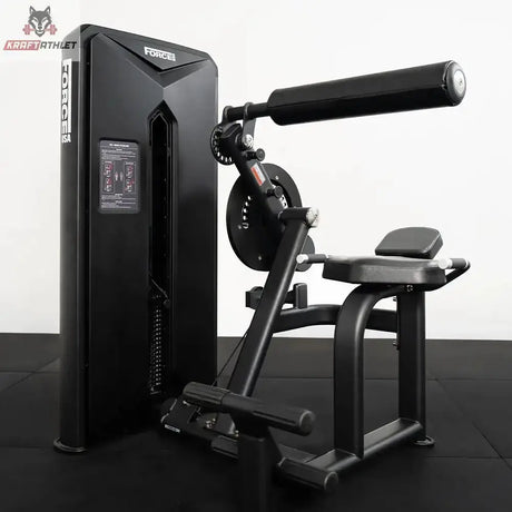 Force USA Kinetic Series Bauch- und Rückenstrecker-Maschine im Studio auf Gummiboden in Schrägansicht