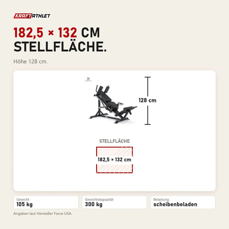 Maßbild Force USA Kompakte Beinpresse & Hack Squat V3: Stellfläche 182,5 × 132 cm, Höhe 128 cm