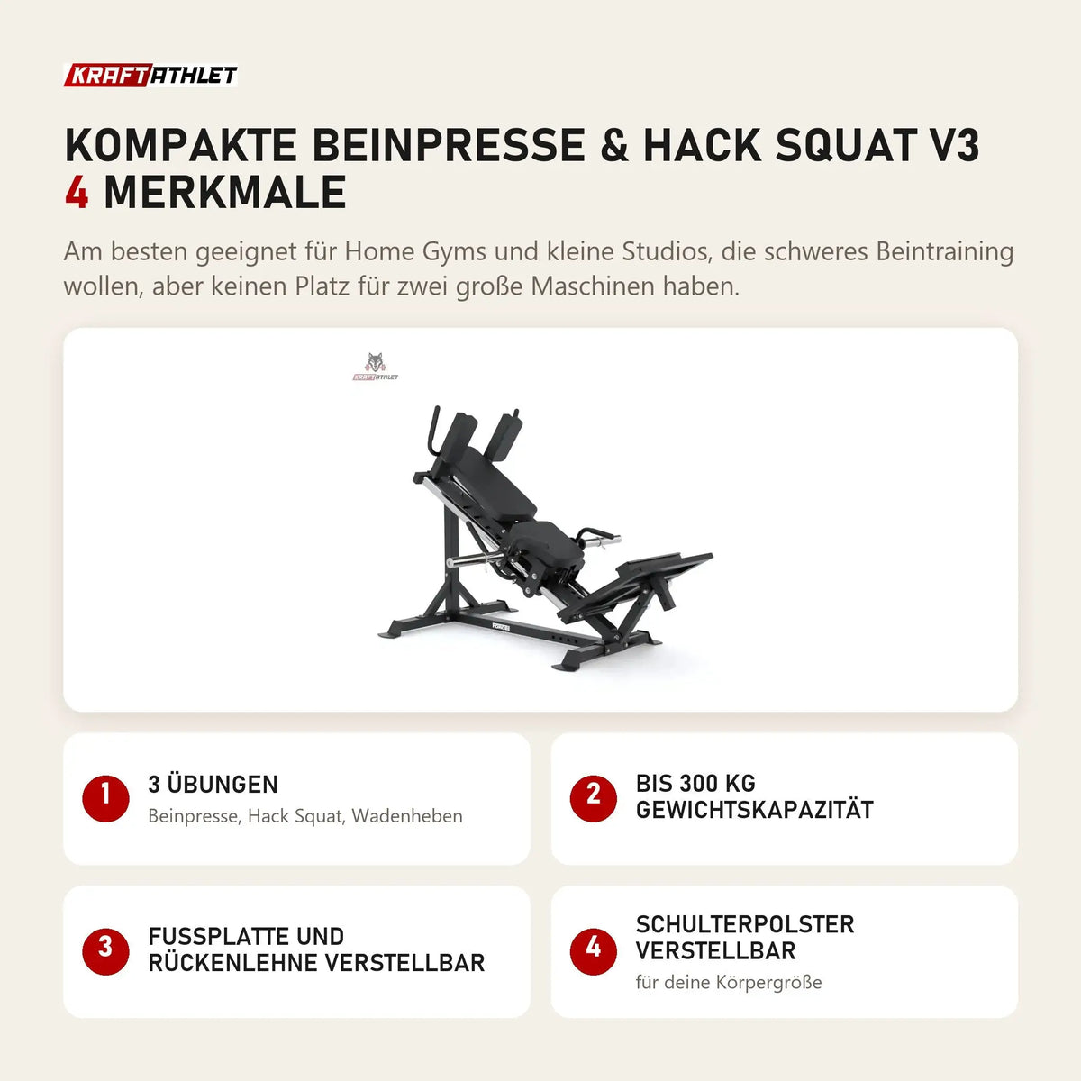 Force USA Kompakte Beinpresse & Hack Squat V3 mit 4 Merkmalen: 3 Übungen, Bis 300 kg Gewichtskapazität, Fußplatte und Rückenlehne verstellbar, Schulterpolster verstellbar