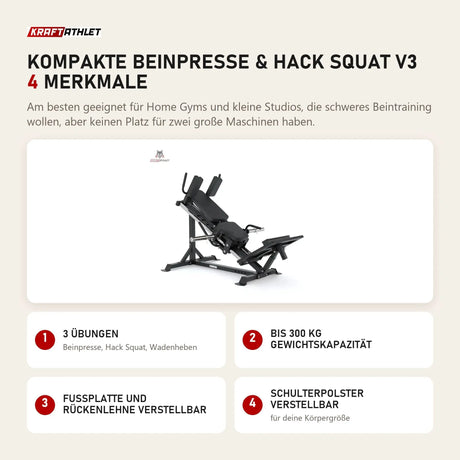 Force USA Kompakte Beinpresse & Hack Squat V3 mit 4 Merkmalen: 3 Übungen, Bis 300 kg Gewichtskapazität, Fußplatte und Rückenlehne verstellbar, Schulterpolster verstellbar