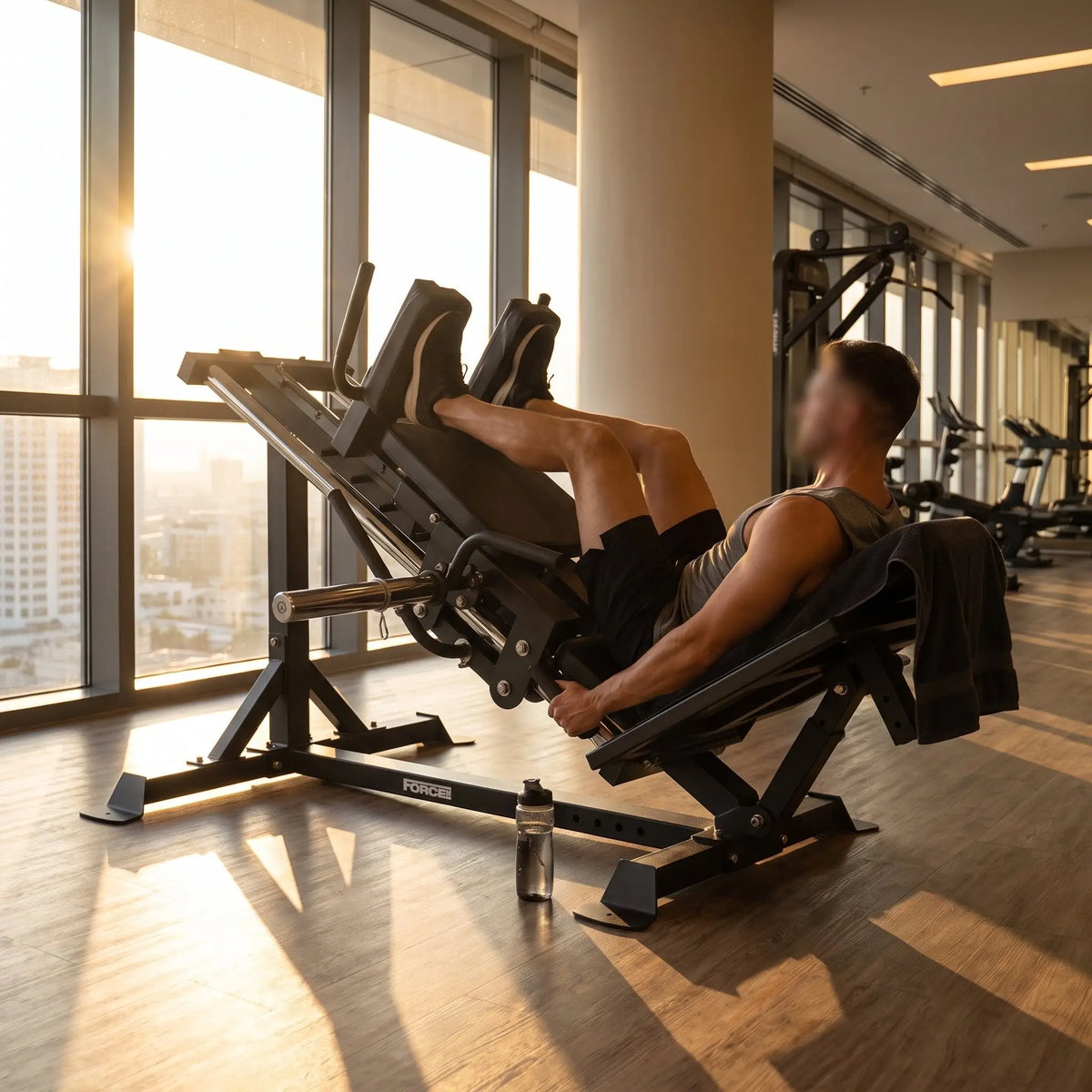 Force USA Kompakte Beinpresse & Hack Squat V3 im Einsatz: Person trainiert morgens in einem hellen Hotel-Fitnessraum