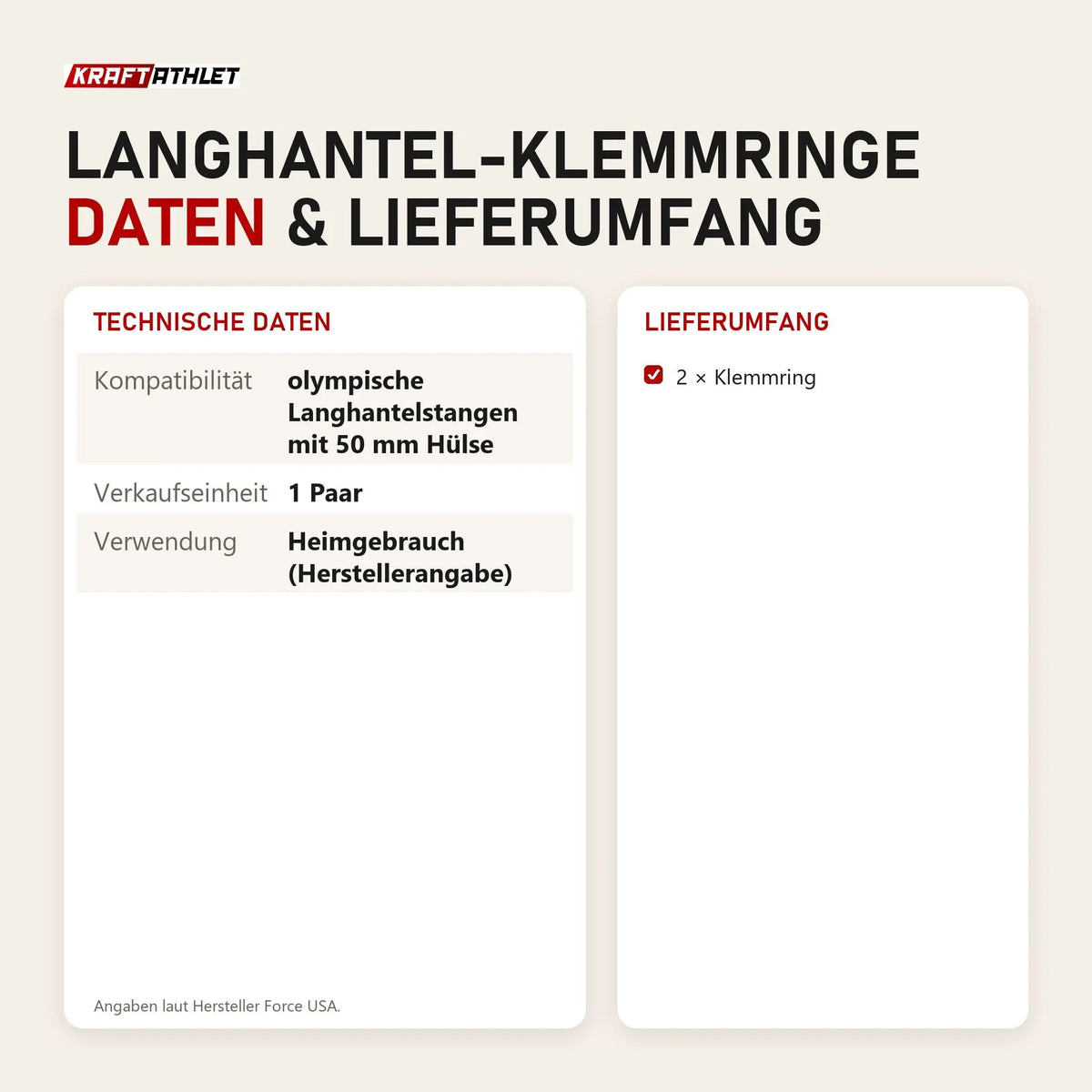 Technische Daten und Lieferumfang von Force USA Langhantel-Klemmringe als Tabelle