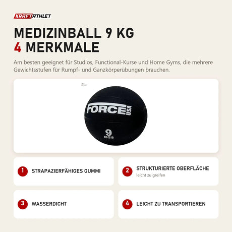 Force USA Medizinball 9 kg mit 4 Merkmalen: Strapazierfähiges Gummi, Strukturierte Oberfläche, Wasserdicht, Leicht zu transportieren