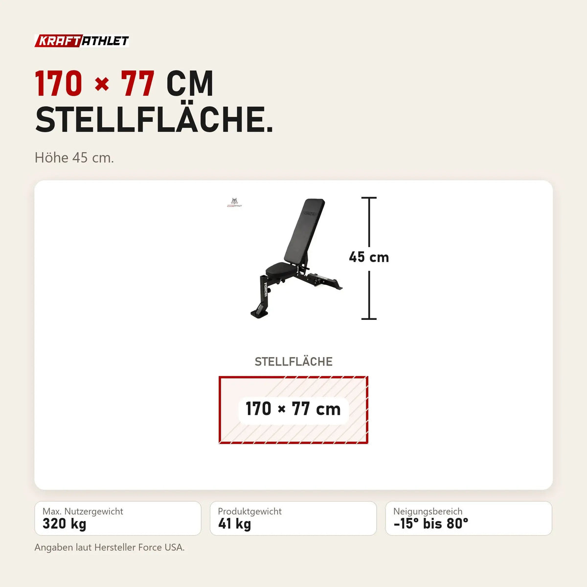 Maßbild Force USA MyBench V2 FID-Bank: Stellfläche 170 × 77 cm, Höhe 45 cm