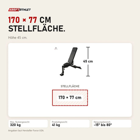 Maßbild Force USA MyBench V2 FID-Bank: Stellfläche 170 × 77 cm, Höhe 45 cm