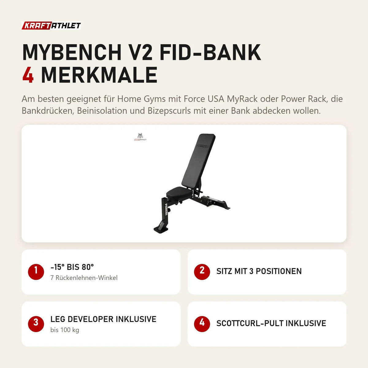 Force USA MyBench V2 FID-Bank mit 4 Merkmalen: -15° bis 80°, Sitz mit 3 Positionen, Leg Developer inklusive, Scottcurl-Pult inklusive