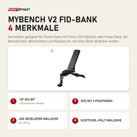 Force USA MyBench V2 FID-Bank mit 4 Merkmalen: -15° bis 80°, Sitz mit 3 Positionen, Leg Developer inklusive, Scottcurl-Pult inklusive