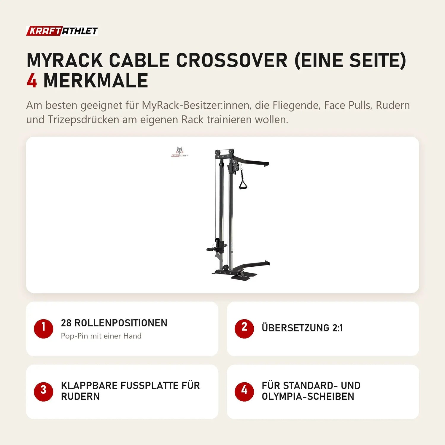 Force USA MyRack Cable Crossover (eine Seite) mit 4 Merkmalen: 28 Rollenpositionen, Übersetzung 2:1, Klappbare Fußplatte für Rudern, Für Standard- und Olympia-Scheiben