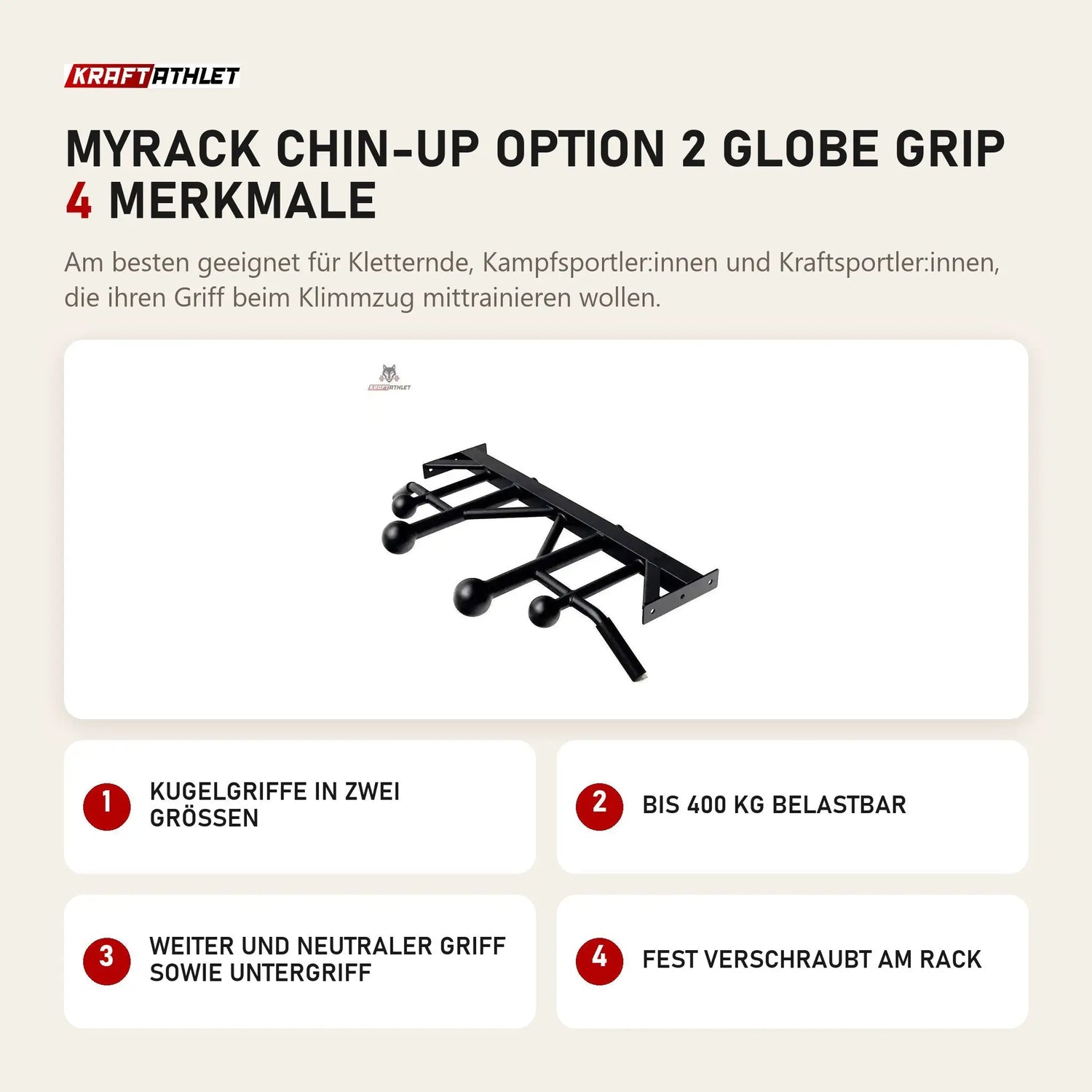 Force USA MyRack Chin-Up Option 2 Globe Grip mit 4 Merkmalen: Kugelgriffe in zwei Größen, Bis 400 kg belastbar, Weiter und neutraler Griff sowie Untergriff, Fest verschraubt am Rack