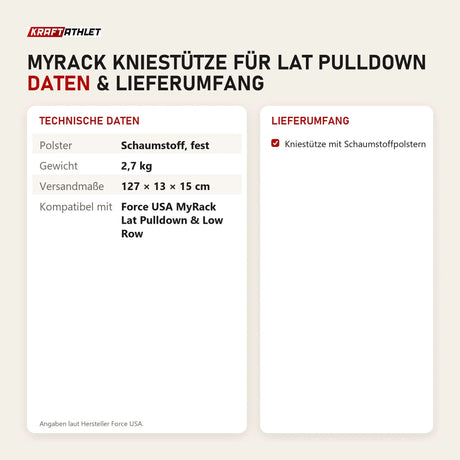 Technische Daten und Lieferumfang von Force USA MyRack Kniestütze für Lat Pulldown als Tabelle