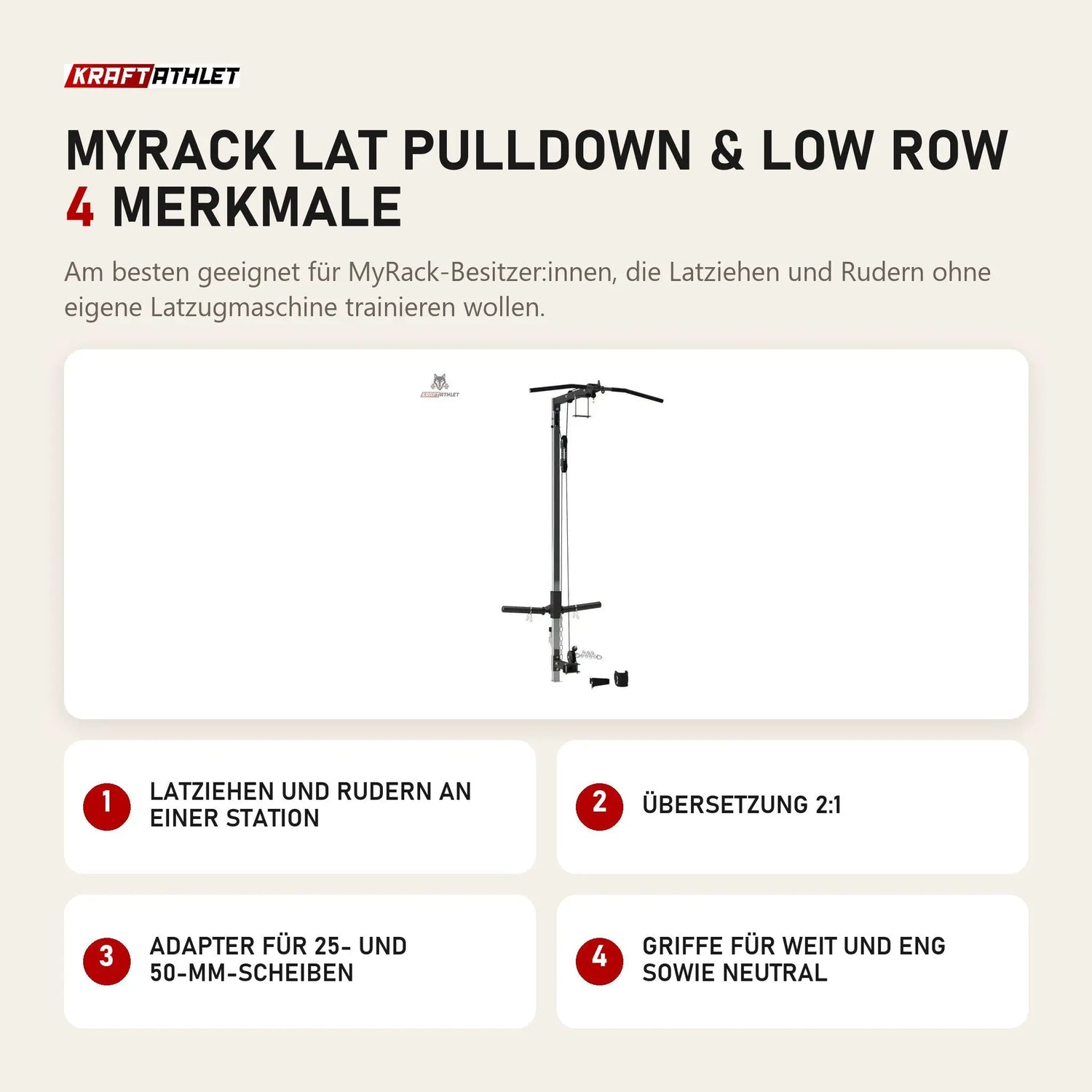 Force USA MyRack Lat Pulldown & Low Row mit 4 Merkmalen: Latziehen und Rudern an einer Station, Übersetzung 2:1, Adapter für 25- und 50-mm-Scheiben, Griffe für weit und eng sowie neutral
