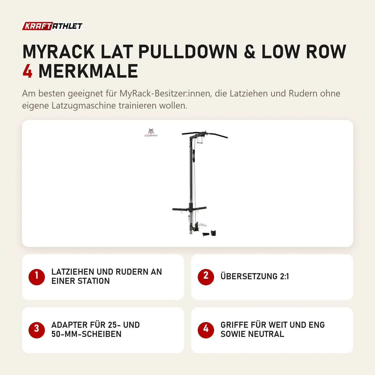 Force USA MyRack Lat Pulldown & Low Row mit 4 Merkmalen: Latziehen und Rudern an einer Station, Übersetzung 2:1, Adapter für 25- und 50-mm-Scheiben, Griffe für weit und eng sowie neutral