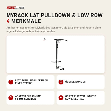 Force USA MyRack Lat Pulldown & Low Row mit 4 Merkmalen: Latziehen und Rudern an einer Station, Übersetzung 2:1, Adapter für 25- und 50-mm-Scheiben, Griffe für weit und eng sowie neutral