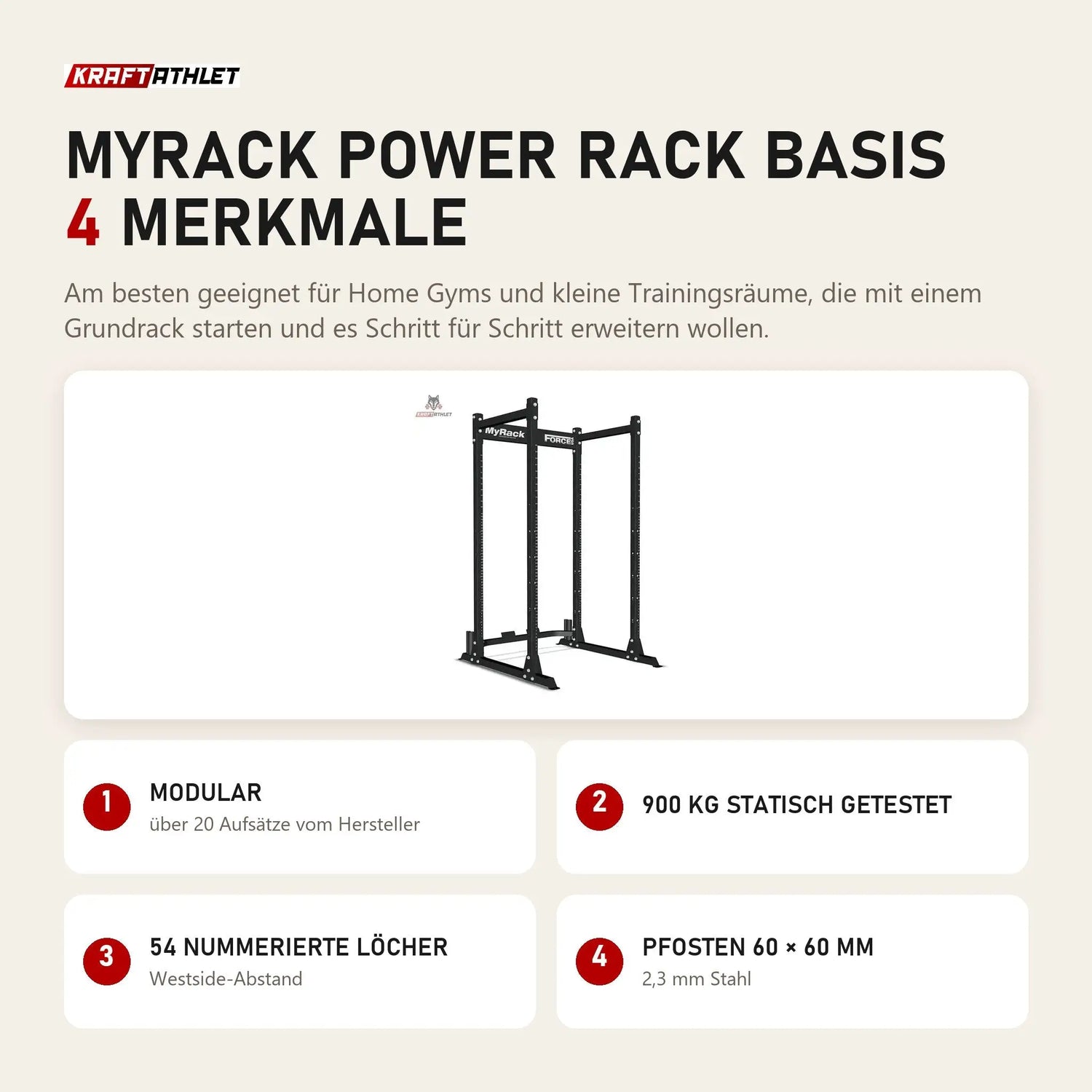 Force USA MyRack Power Rack Basis mit 4 Merkmalen: Modular, 900 kg statisch getestet, 54 nummerierte Löcher, Pfosten 60 × 60 mm