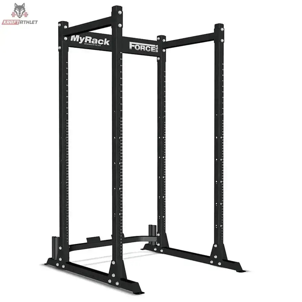Force USA MyRack Power Rack Basis, Schrägansicht des schwarzen Racks mit Lochraster