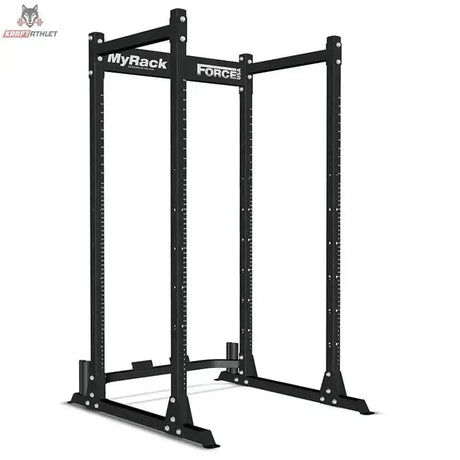 Force USA MyRack Power Rack Basis, Schrägansicht des schwarzen Racks mit Lochraster