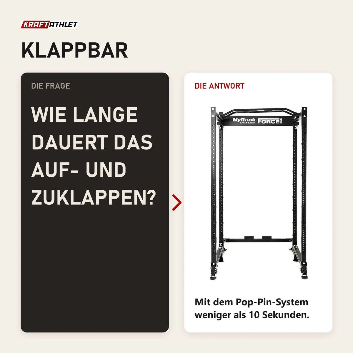 Frage und Antwort zu Force USA MyRack SpaceSaver klappbares Power Rack: Wie lange dauert das Auf- und Zuklappen?