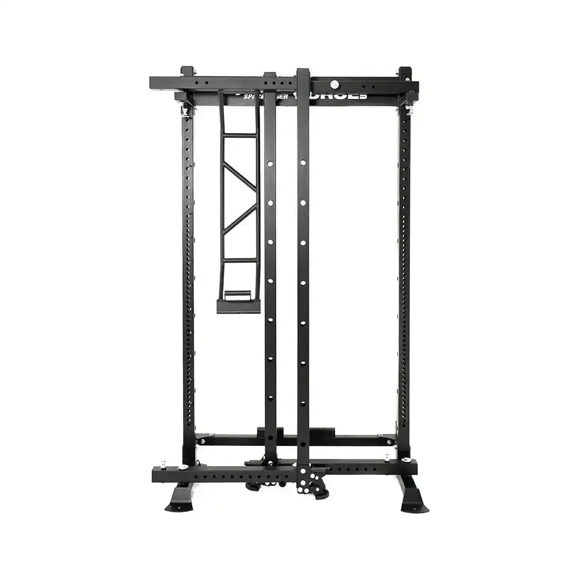 Force USA MyRack SpaceSaver klappbares Power Rack in der Frontansicht mit eingeklapptem Mittelteil und Standfüßen