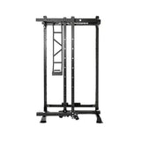 Force USA MyRack SpaceSaver klappbares Power Rack in der Frontansicht mit eingeklapptem Mittelteil und Standfüßen