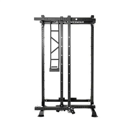 Force USA MyRack SpaceSaver klappbares Power Rack in der Frontansicht mit eingeklapptem Mittelteil und Standfüßen