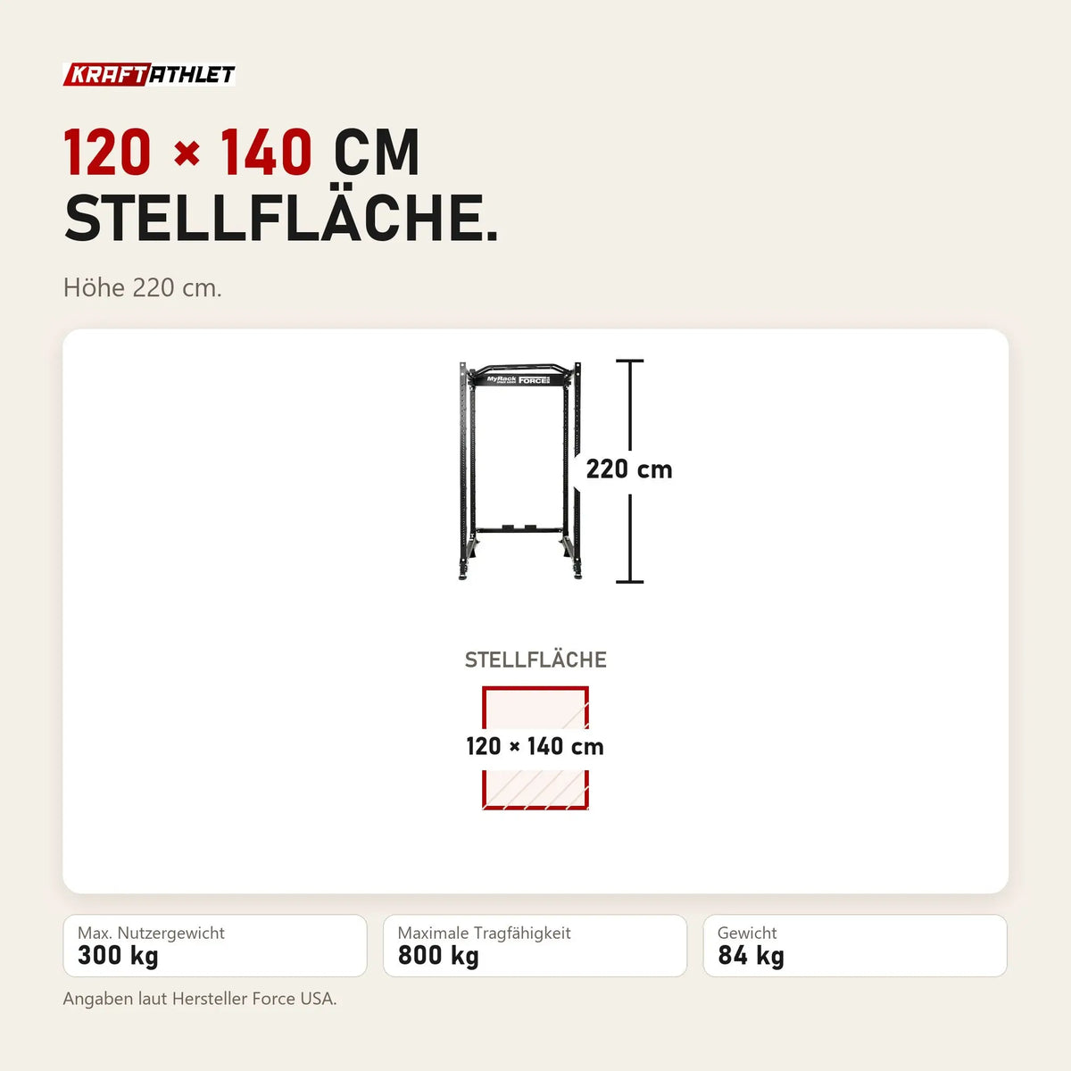 Maßbild Force USA MyRack SpaceSaver klappbares Power Rack: Stellfläche 120 × 140 cm, Höhe 220 cm