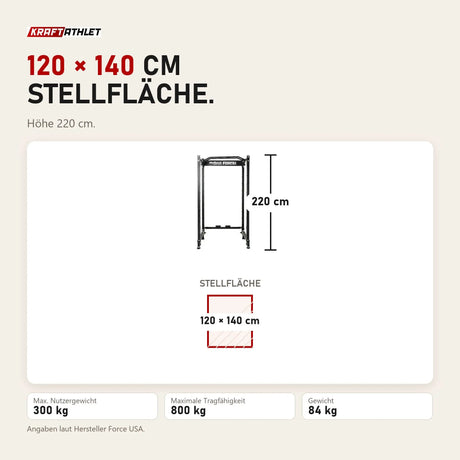 Maßbild Force USA MyRack SpaceSaver klappbares Power Rack: Stellfläche 120 × 140 cm, Höhe 220 cm