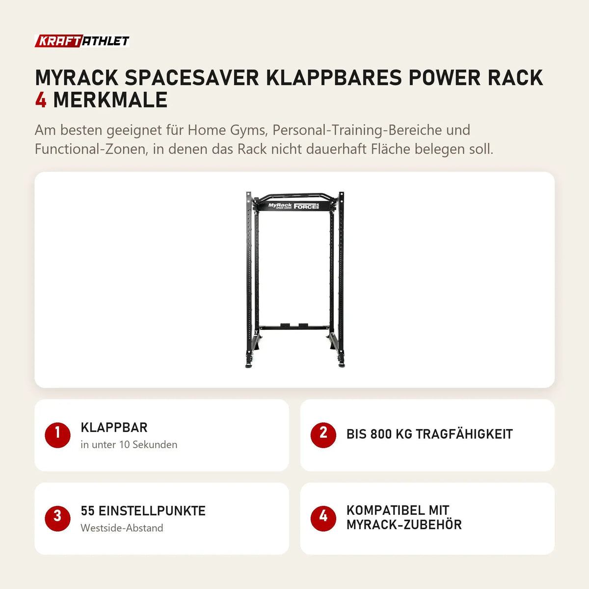 Force USA MyRack SpaceSaver klappbares Power Rack mit 4 Merkmalen: Klappbar, Bis 800 kg Tragfähigkeit, 55 Einstellpunkte, Kompatibel mit MyRack-Zubehör
