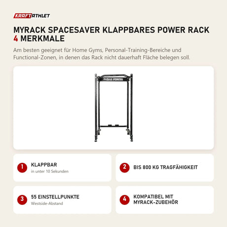 Force USA MyRack SpaceSaver klappbares Power Rack mit 4 Merkmalen: Klappbar, Bis 800 kg Tragfähigkeit, 55 Einstellpunkte, Kompatibel mit MyRack-Zubehör